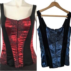 Shirley of Hollywood Blue and Black Floral Satin Corset Top Size 36/Medium